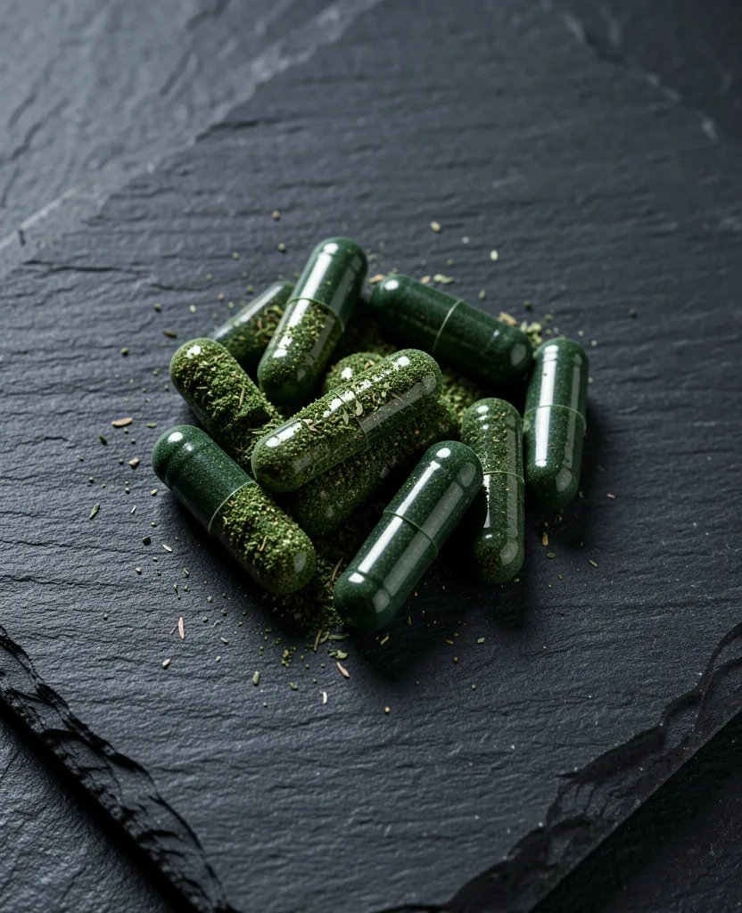 Macro view of botanical supplement ingredients on a dark surface