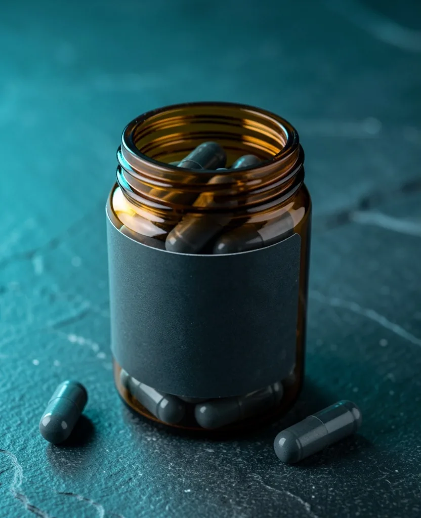Natural supplement capsules in amber jar