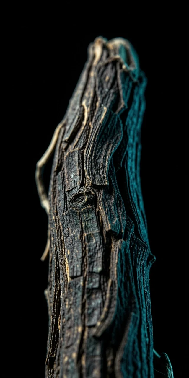 Macro detail of a dried botanical root used in natural supplement formulas
