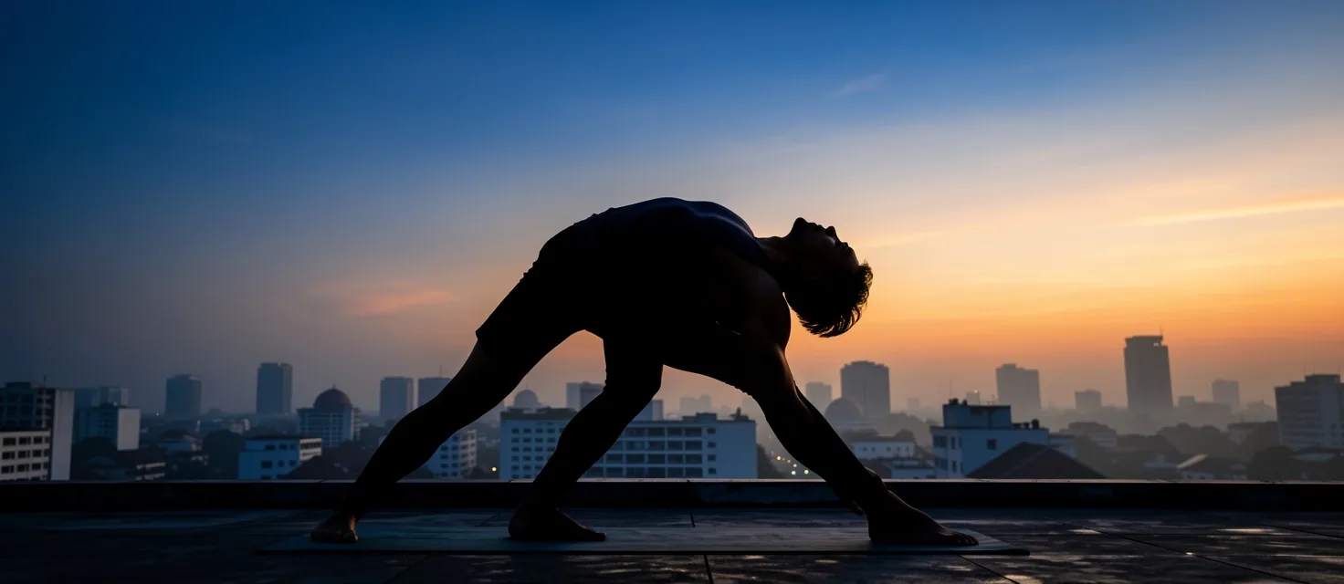 Man exercising at dawn on Jakarta rooftop